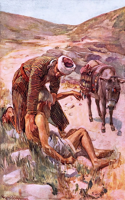 The good Samaritan stops to help a man who had been beaten and robbed, from the famous parable in Luke 10.